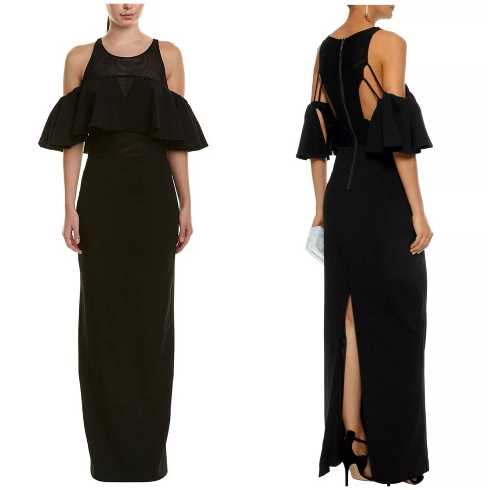 Badgley Mischka Black Mesh Off The Shoulder Cut Out Back Slit‎ Maxi Dress Gown 4